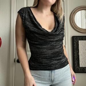 Y2K Guess Black & Gray Sheer Open Back Cowl Neck Top Sz XS